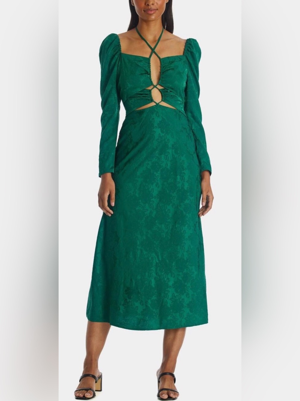 WAYF Midi Dress Green Adeline Cutout Floral Jacquard Halter New